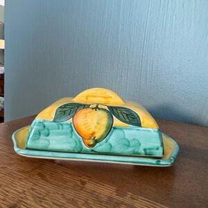Hand Painted Italian Pottery Butter Dish, Lemon Design